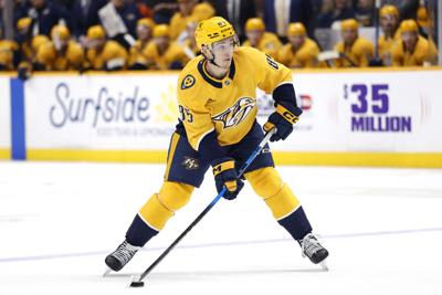 Ryan Ufko faces off against the Boston Bruins at Bridgestone Arena, March 5, 2026