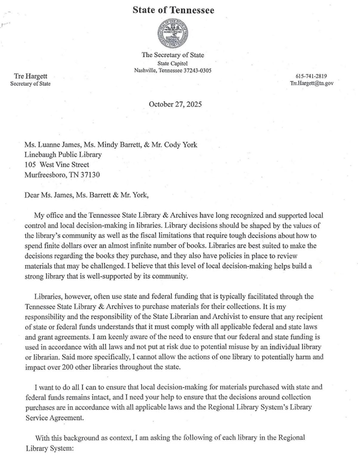 Hargett Book Ban Letter 3