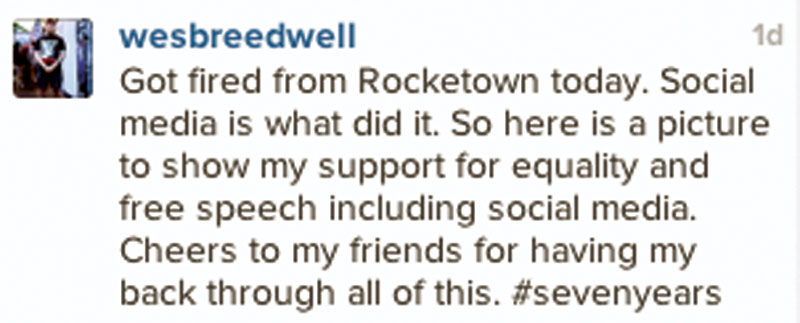 A Rocketown employee alleges he was fired for wearing a T-shirt supporting same-sex marriage