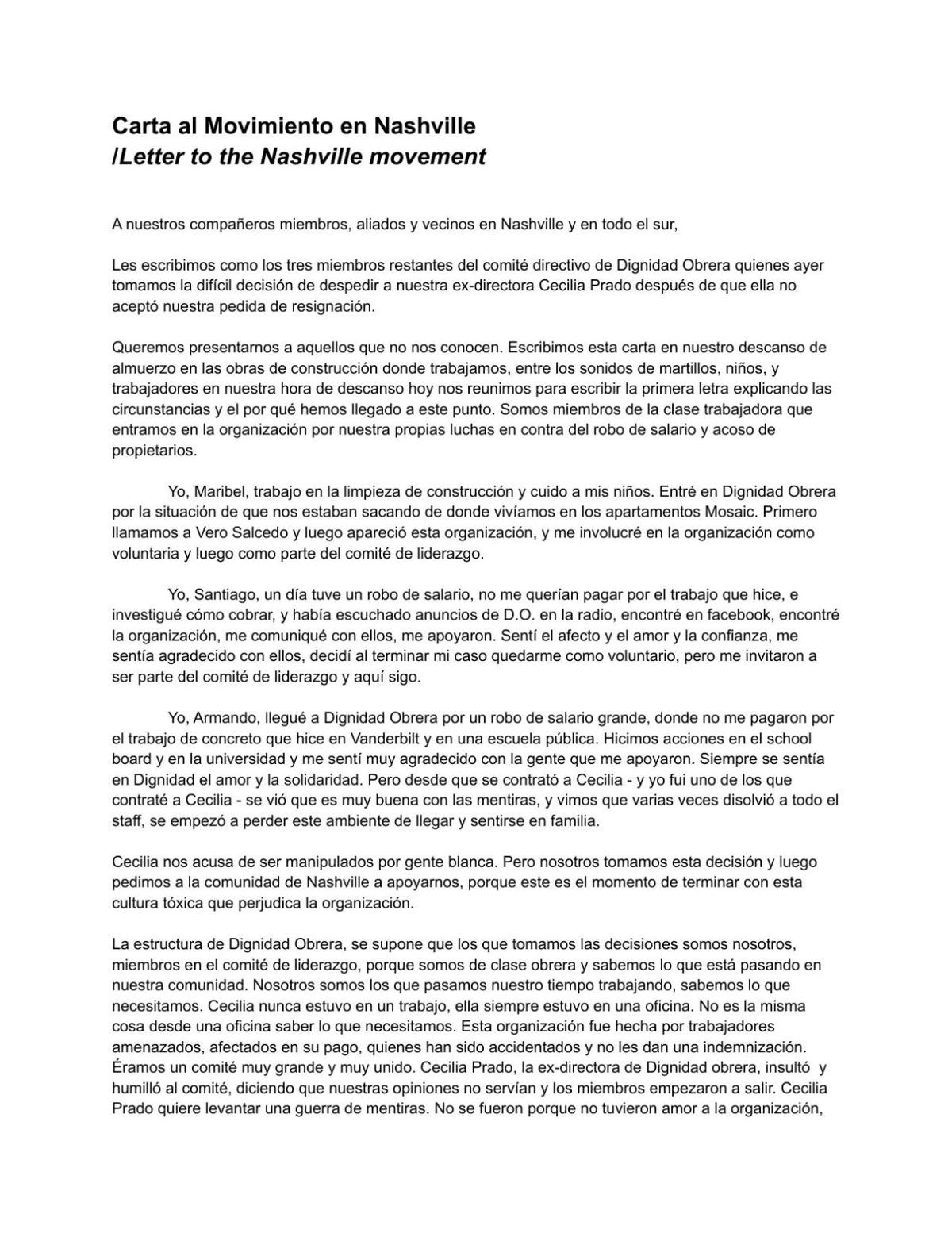 Workers' Dignity statement