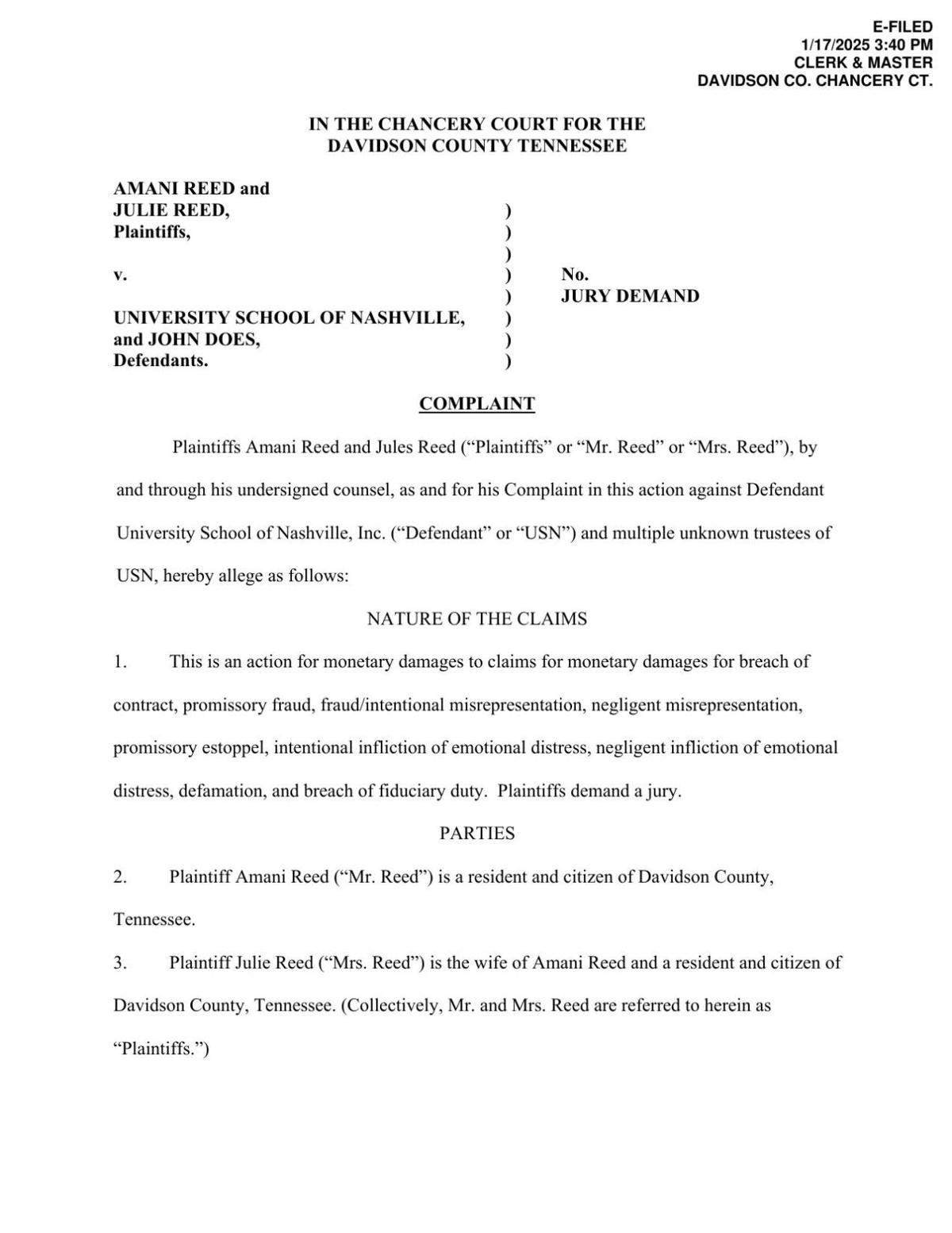 Amani Reed lawsuit