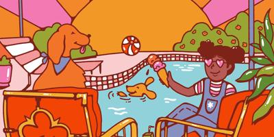 Illustration of a dog and young girl by a pool. The dog is smiling with a blue scarf and the girl has heart-shaped sunglasses, overalls and is holding an ice cream cone. Another dog is swimming in the water.