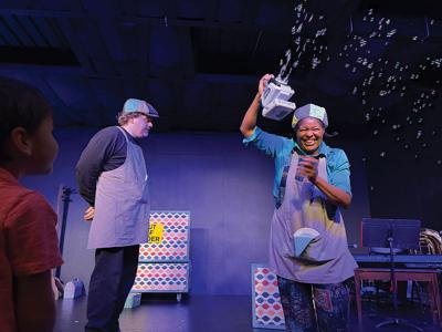Two actors on stage, one holding a bubble machine, at the Little Blue Theatre Company, which was voted Best New Theater Company for Young Audiences in Nashville in the Nashville Scene’s 2026 Best of Nashville Readers’ Poll.