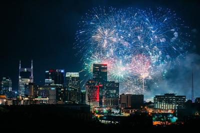 Electric Blue Fireworks over Downtown Nashville, Tennessee Skyline
