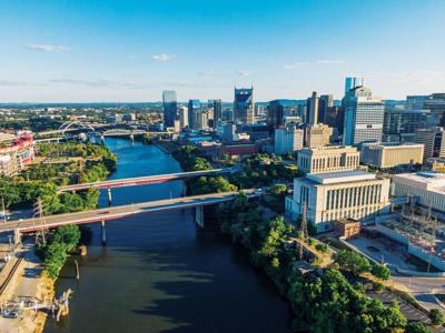 Aerial of Downtown Nashville Skyline with the Cumberland River
