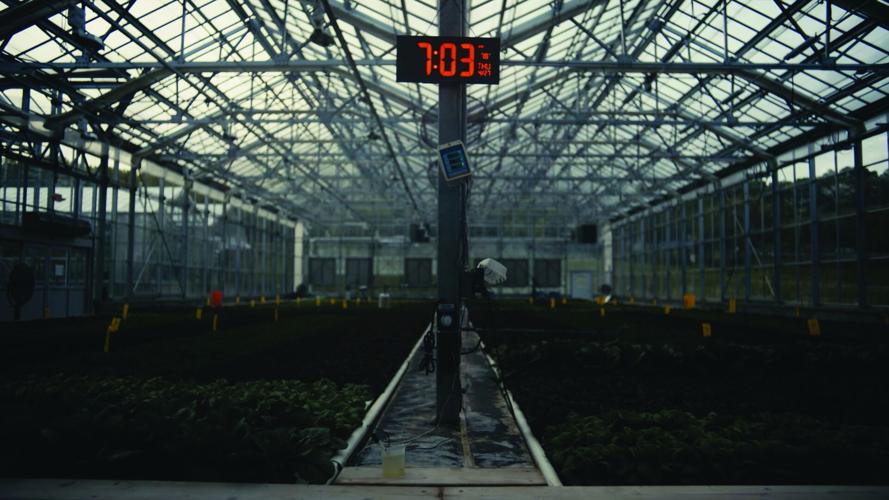 A massive greenhouse with a clock reading the time, 7:03, in red numbers