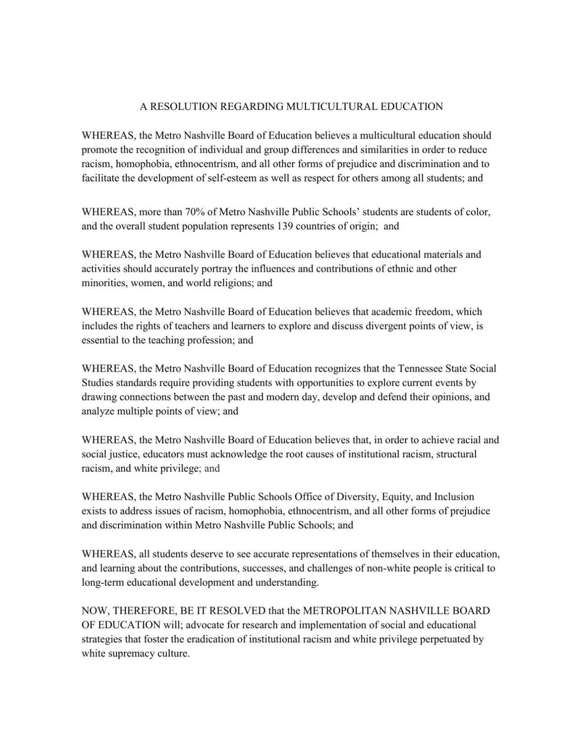 MNPS Resolution Regarding Multicultural Education