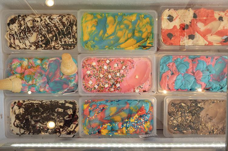 Selection of colorful ice creams at The Bee Ice Cream Shop