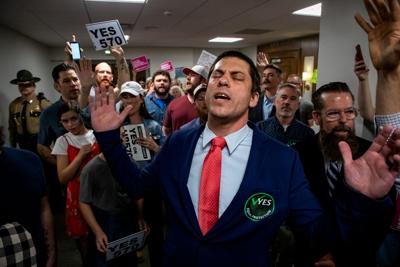 Louisiana Pastor Brian Gunter, who works with End Abortion Now, demonstrates in support of HB507 in the Cordell Hull State Office Building, March 10, 2026