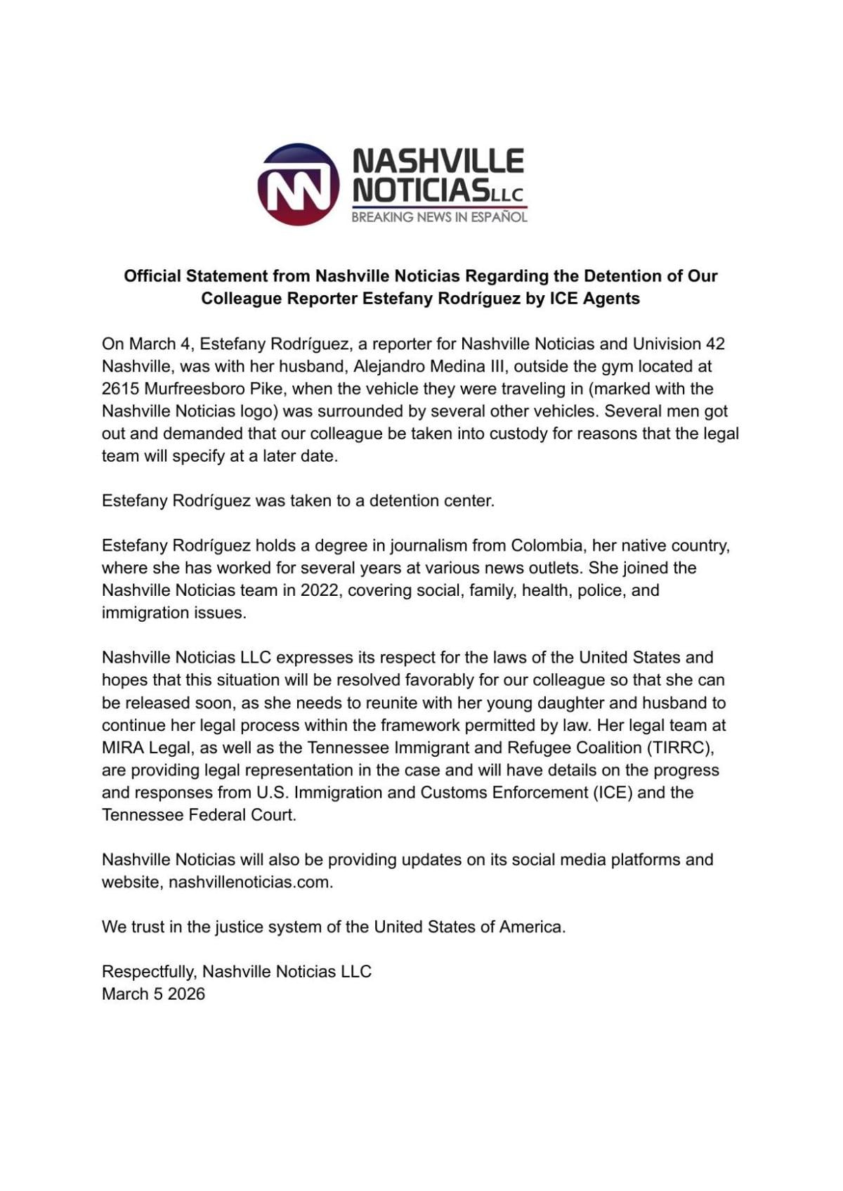 Official Statement from Nashville Noticias on Estefany Rodriguez