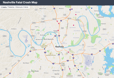 A map showing fatal roadway accidents in Nashville, February and March 2026