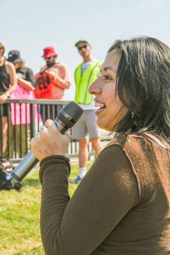A speaker at the protest against Avelo