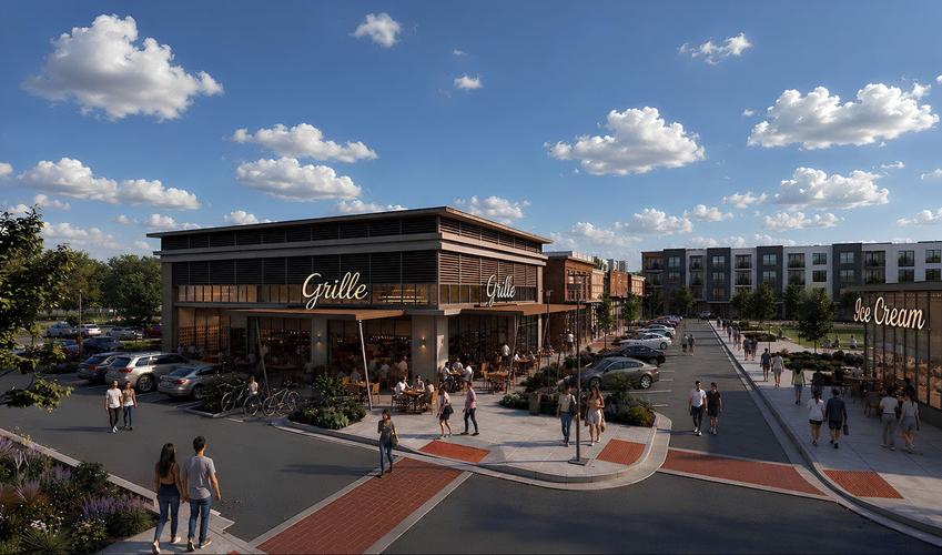 A rendering of the former RiverGate Mall space showing people wandering arounda. "Grille" restaurant with some condos in the distance