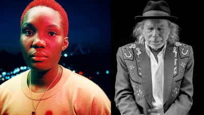 Composite of two press photos: Arlo Parks, left, dressed in a T-shirt and photographed outside at night under a red light, in color; Buddy Miller, right, dressed in a Western suit and cowboy hat, in black and white.