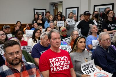 Protesters attend a Wilson County Commission meeting, Feb. 17, 2026