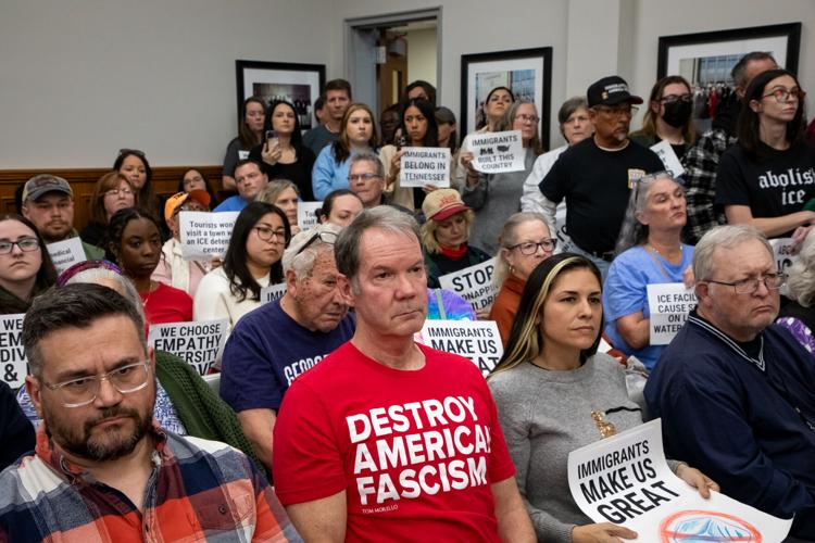 Protesters attend a Wilson County Commission meeting, Feb. 17, 2026