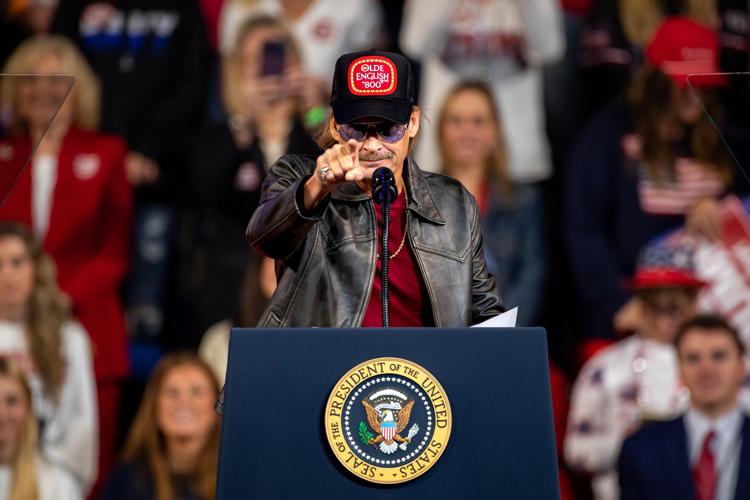 Kid Rock speaks at a Trump rally in Clarksville, Oct. 10, 2026