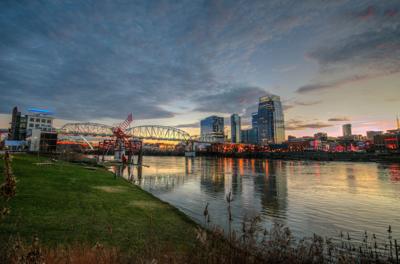 Nashville, Tennessee, USA downtown skyline on the Cumberland River.