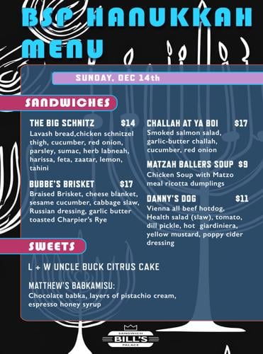 A color Hanukkah-themed menu offering items like THE BIG SCHNITZ, Bubbes Brisket and more