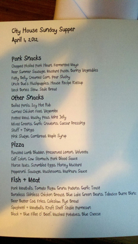 Boiled Penis Anyone? Last Night's City House Menu