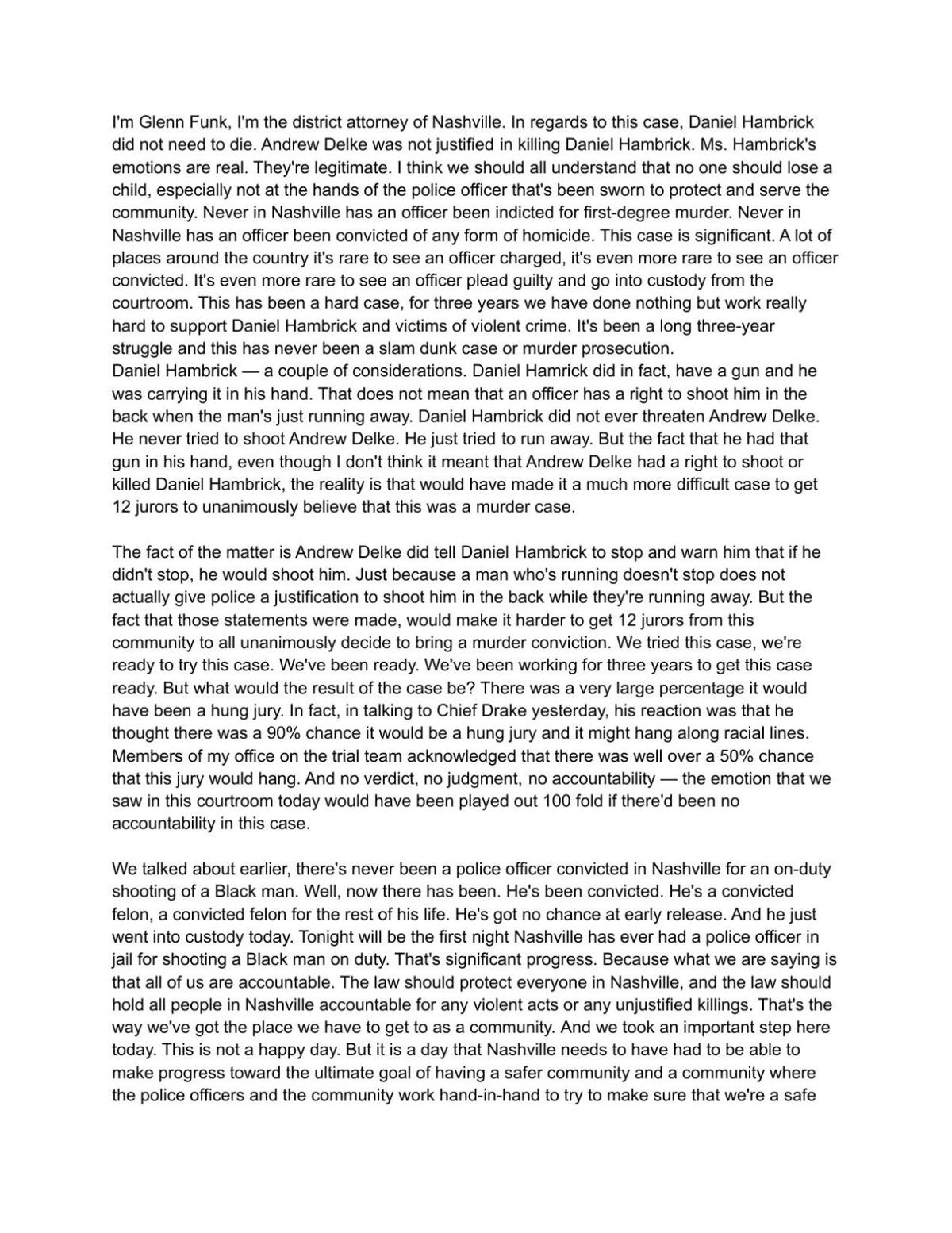 Glenn Funk Statement