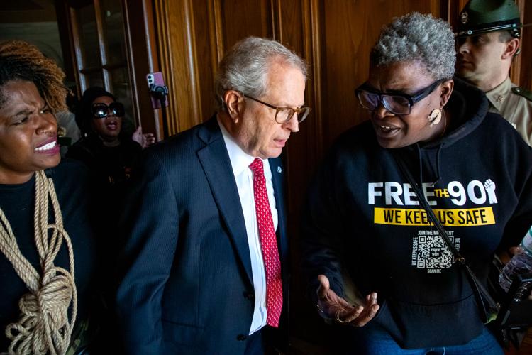 Rep. Mark White (R-Memphis) is questioned by protesters in the Capitol following the passage of a new congressional map, May 7, 2026