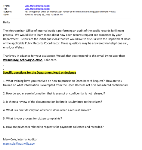 An email from senior auditor Mary Cole regarding an audit of Metro's public records fulfillment process
