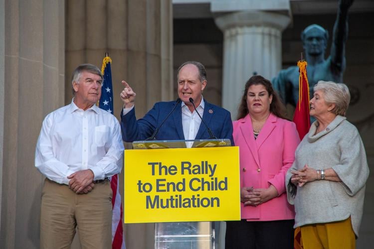 State Sen. Jack Johnson speaks at a rally against transgender health care, Oct. 21, 2022