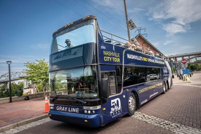 Three quarter shot of the Gray Line bus, the Nashville Scene’s 2026 Best Sight Seeing/Tourist Tour in Nashville