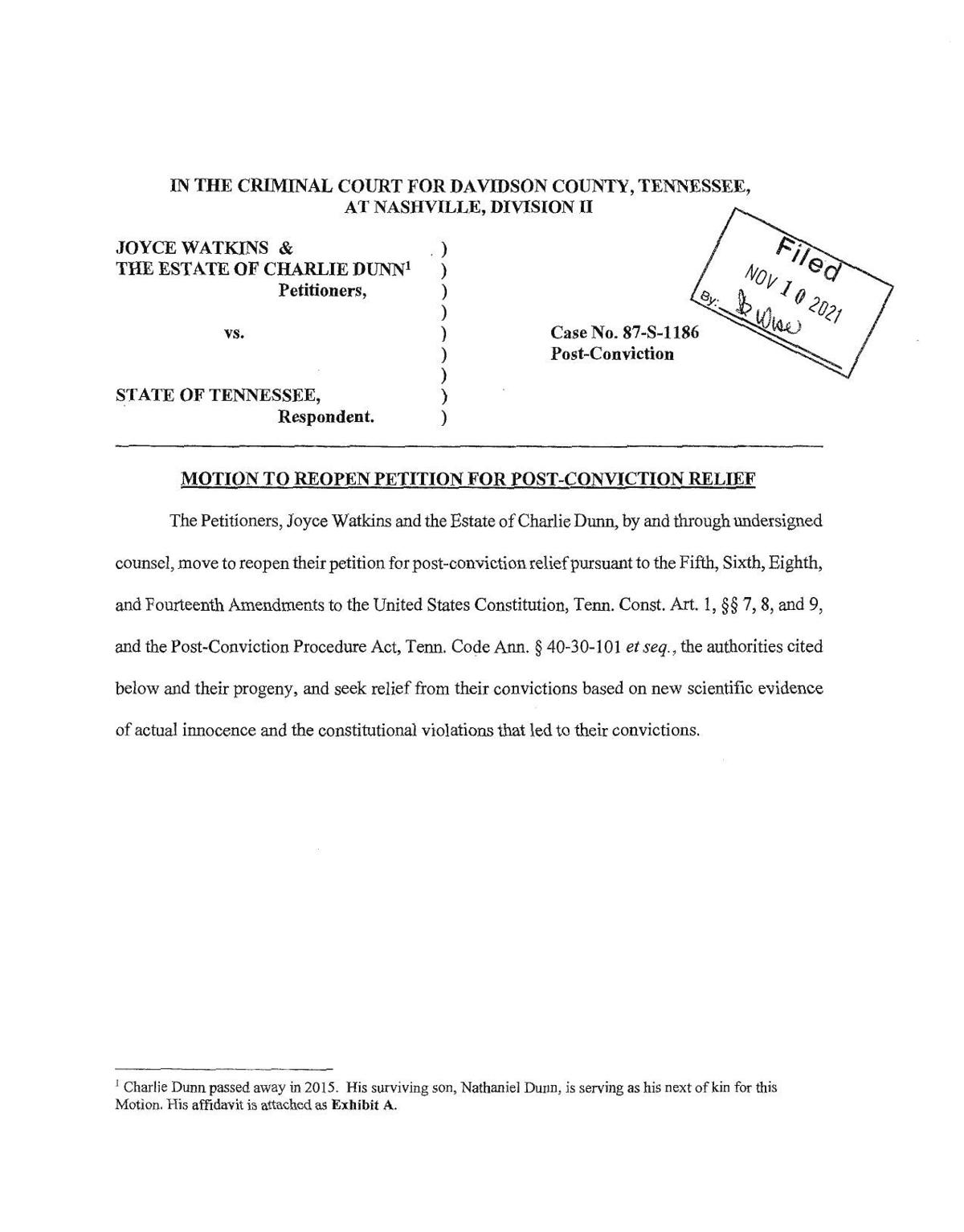 Tennessee Innocence Project motion