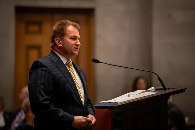 House Majority Leader William Lamberth speaks in favor of his bill to expand the state’s school voucher program, April 13, 2026