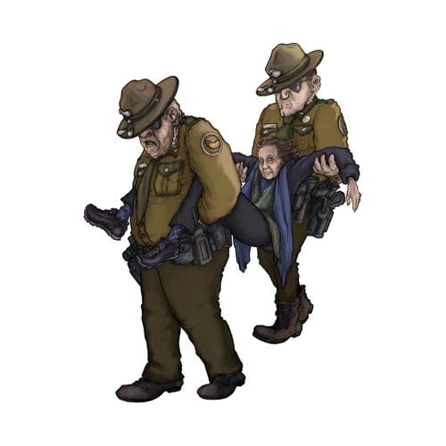 Illustration of Lynne McFarland being carried by state troopers
