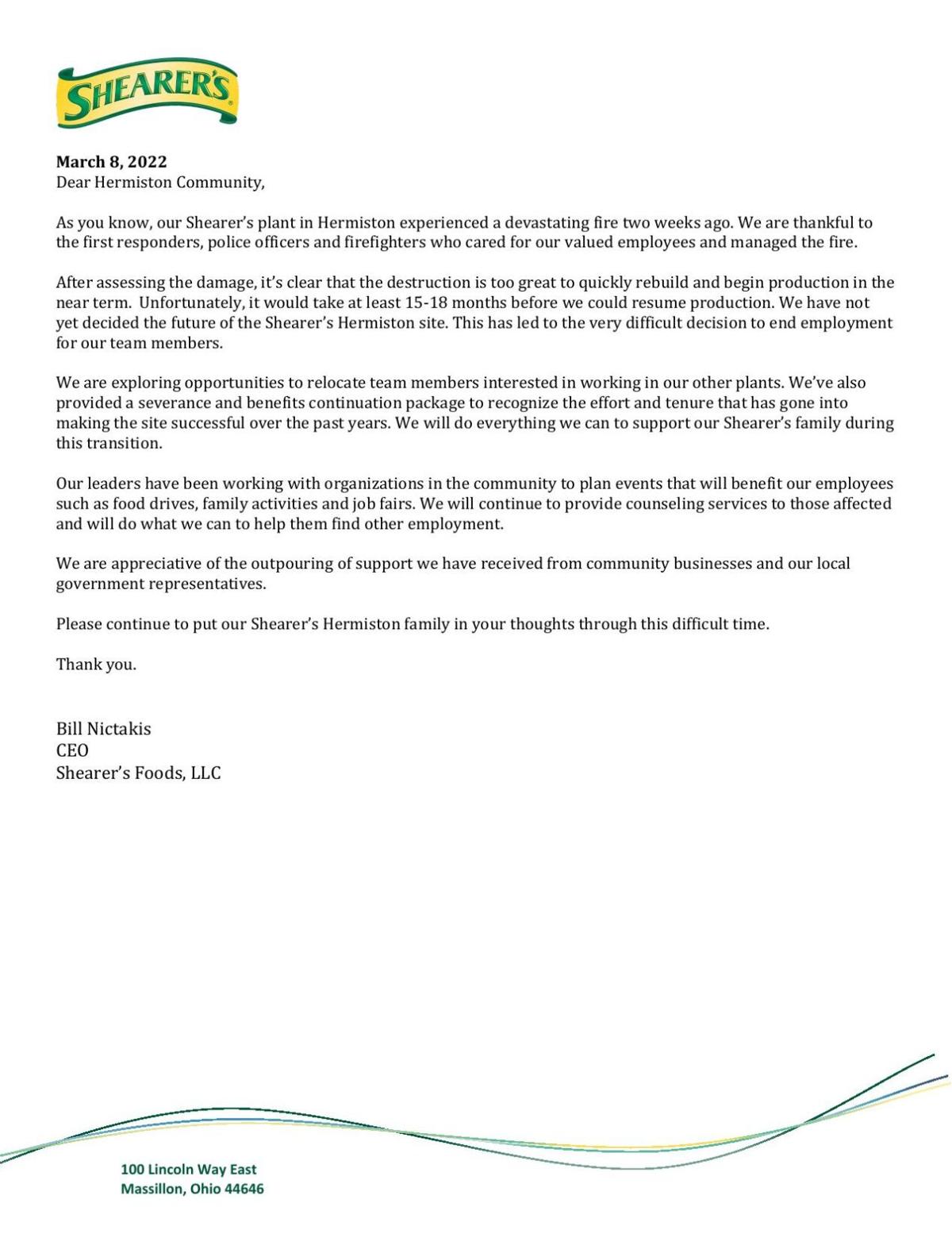 Shearer's Foods lets all employees go after plant explosion Tri