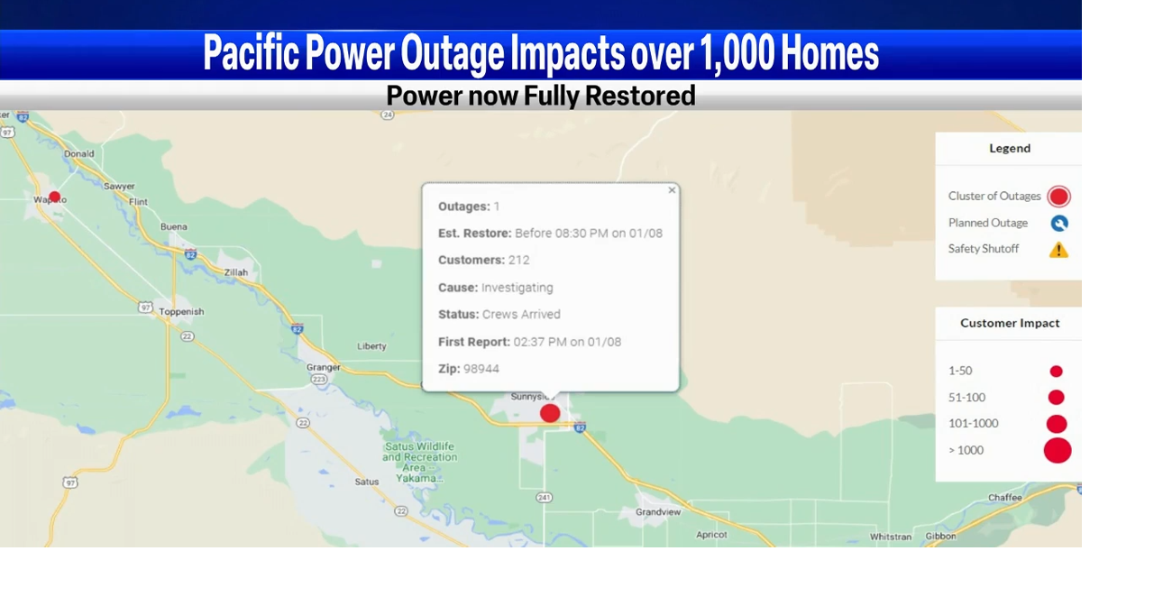 Pacific Power outage affects 1,000 homes in Sunnyside Video