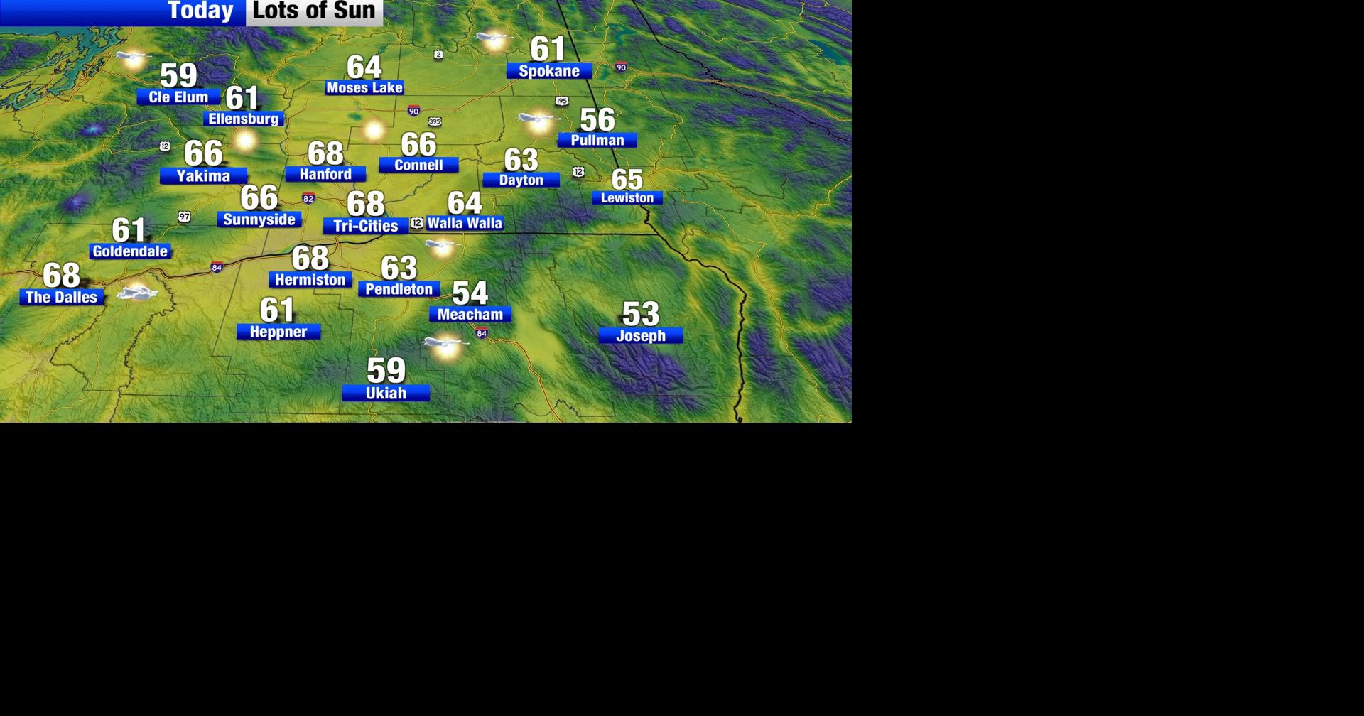 Sunny skies and average temps after a freezing start in the Yakima and