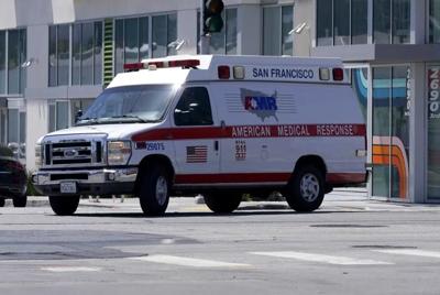 An American Medical Response vehicle drives in San Francisco, Monday, May 22, 2023.