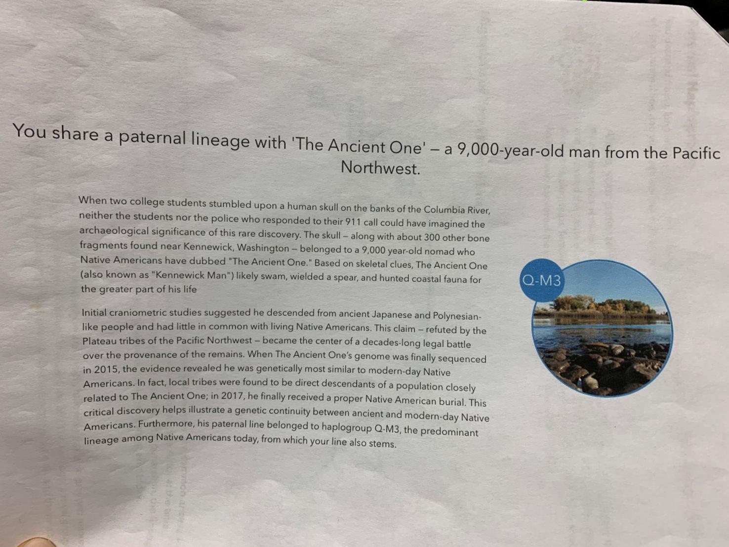 Unexpected DNA link A Kennewick man shares paternal lineage with