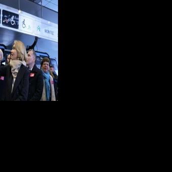 The head of the Ile-de-France region, Valerie Pecresse, attends the launch of the first urban cable car outside Paris