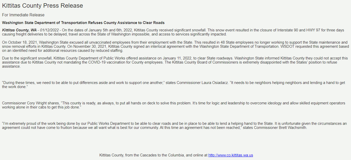 Kittitas County WSDOT denial press release