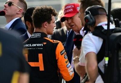 McLaren's British driver Lando Norris is congratulated by former US President and 2024 presidential candidate Donald Trump after winning the 2024 Miami Grand Prix.