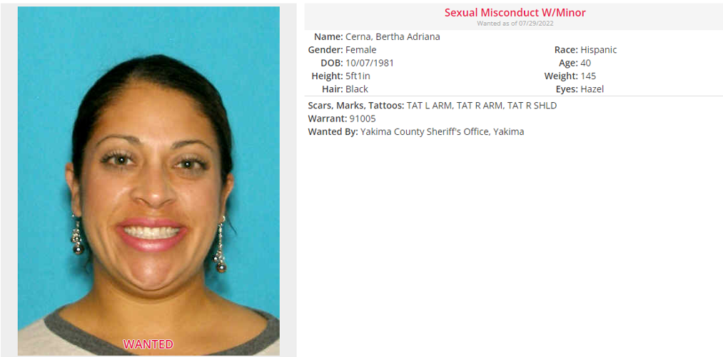 Bertha Cerna, former Toppenish High School Teacher Wanted Suspect for Sexual Misconduct with a Minor