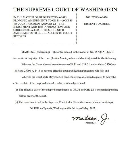 Washington Supreme Court suspends rule requiring juvenile court records to be filed by initials