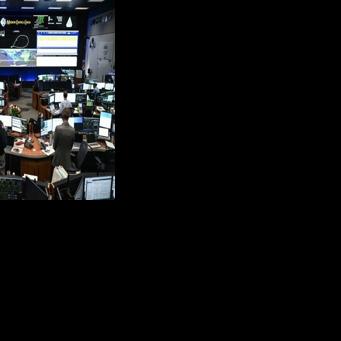 Engineers and technicians monitor the Artemis 2 mission from the Lyndon B Johnson Space Center in Houston