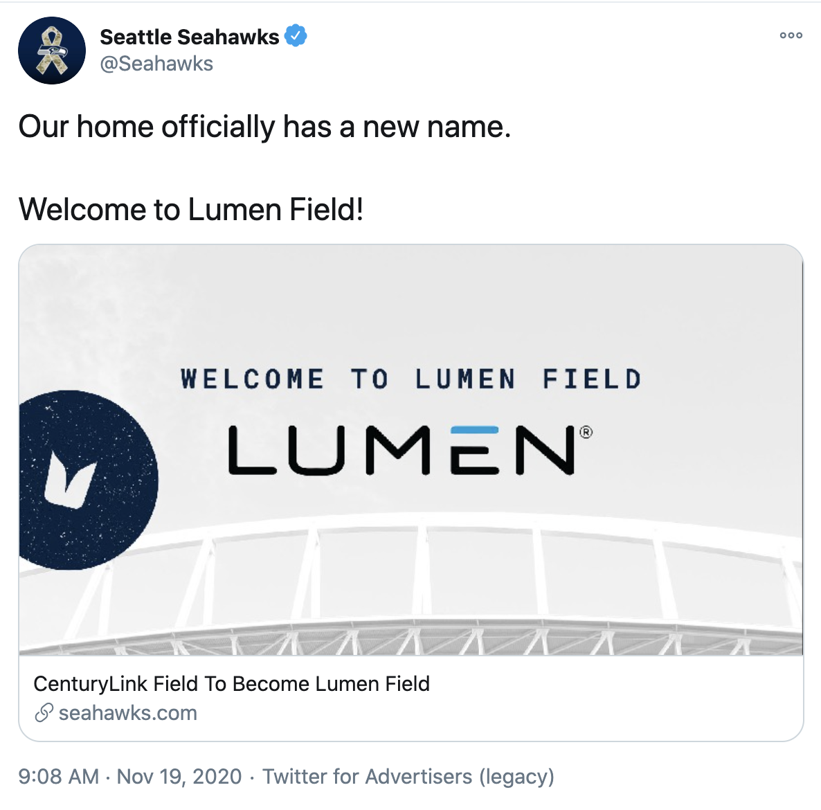 CenturyLink Field, home of the Seahawks and Sounders, renamed Lumen Field