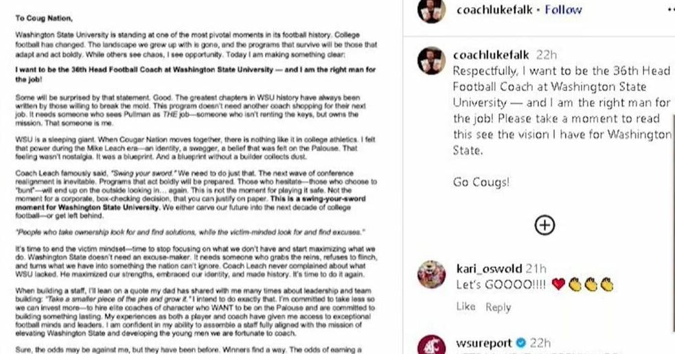 Former WSU quarterback Luke Falk vying for head coach job