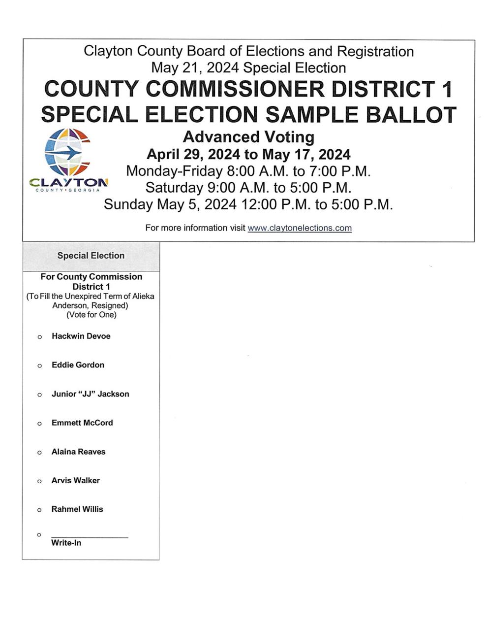Clayton County Board of Commissioners District 1 Special Election Sample Ballot News news