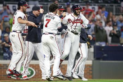 Nick Markakis of the Atlanta Braves looks on before a game against