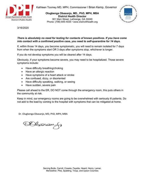 Clayton County Health Dept.: "There is absolutely no need for testing" for contact with known COVID-19 cases