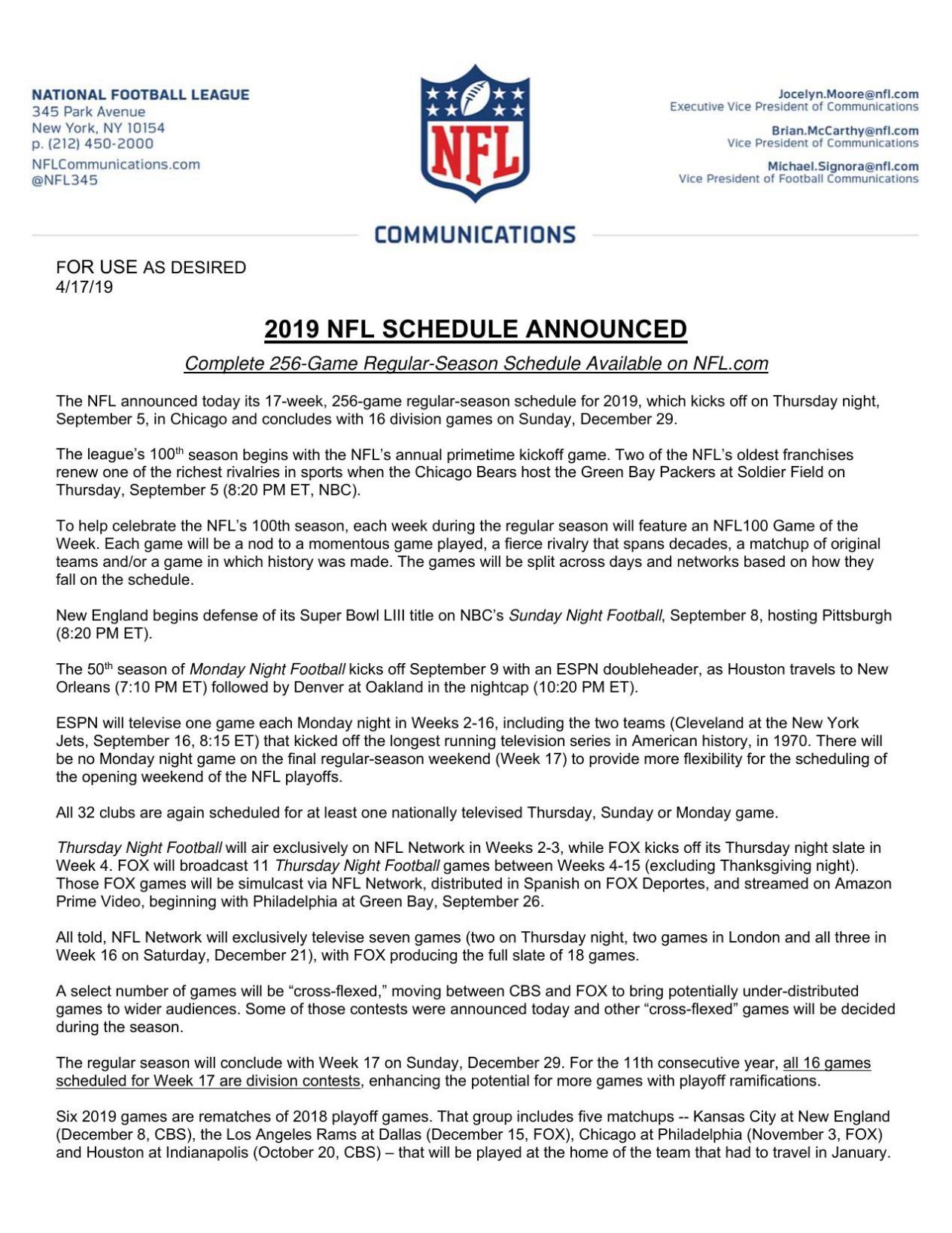 NFL announces schedule for announcement of NFL schedule - Daily