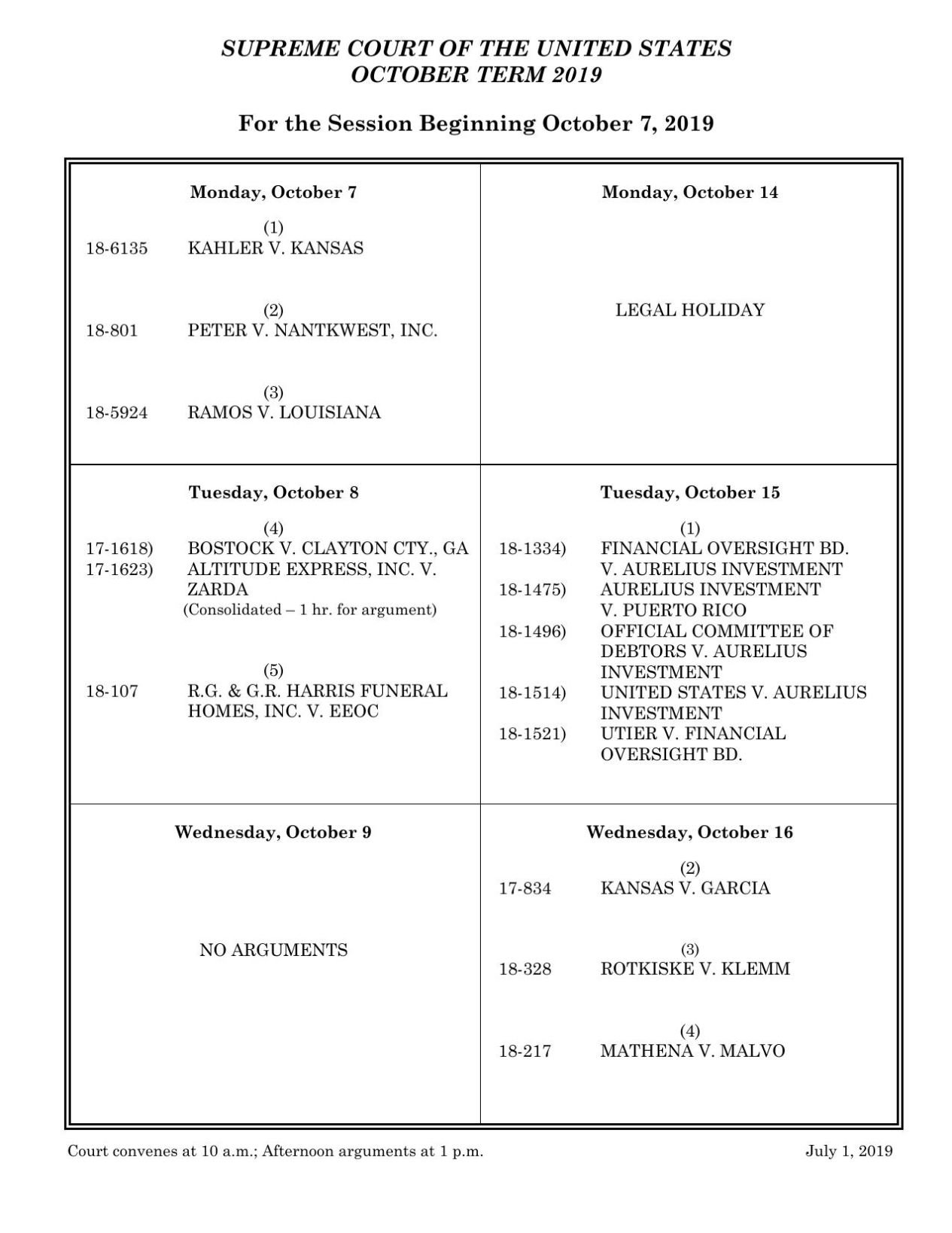 Supreme court calendar sales october 2019